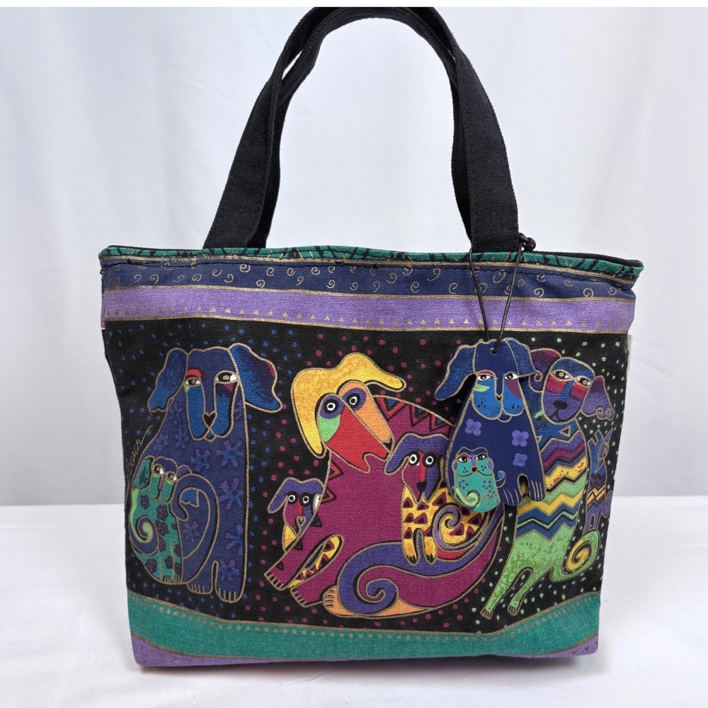 Laurel Burch Mystical Whimsical Doggies Canvas Tote Bag Black Colorful Charm